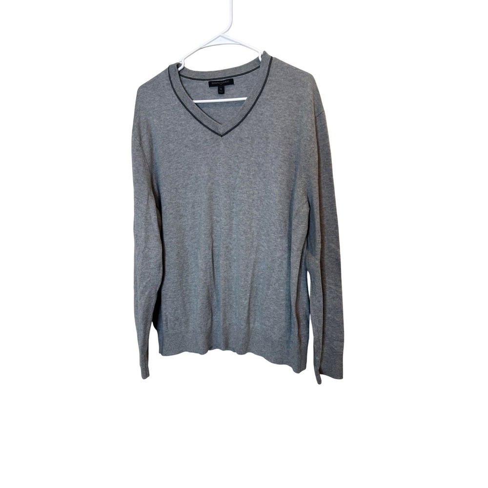 Banana Republic‎ Sweater Mens XL Gray V Neck Cotton Silk Cashmere Knit Pullover